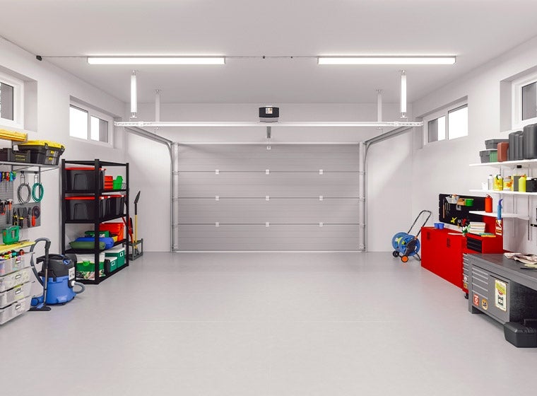 This image shows a garage with epoxy floor.