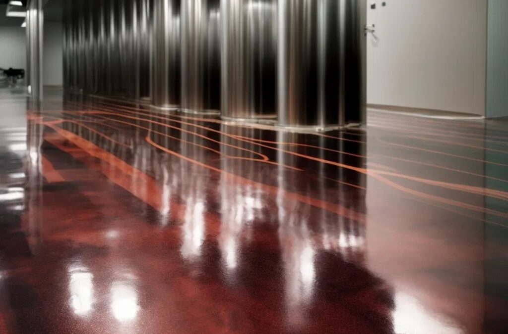 This image shows a metallic epoxy floor in a commercial space.